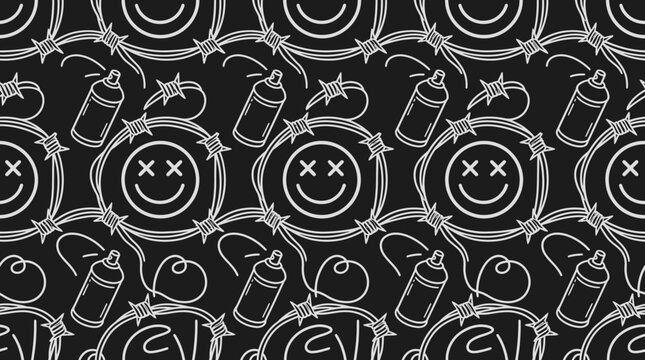 Seamless graffiti cycle pattern vector illustration with street art spray cans, barbed wire, and dead smileys on black background