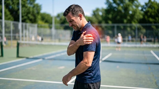Side profile of a man on a tennis court grimacing in pain while holding his injured shoulder with red pain highlight, indicating rotator cuff injury or muscle strain.