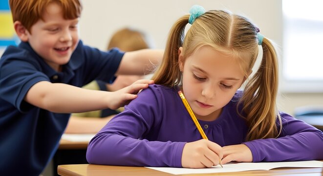 Focused Student and Distraction. Young girl with pigtails writing in a notebook while a boy touches her shoulder in a classroom, ideal for educational blogs and school social dynamics articles.