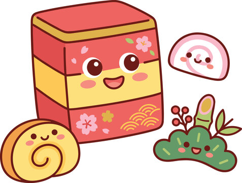 Kawaii Japanese New Year food vector illustration featuring cute osechi box, kamaboko, datemaki and kadomatsu decor
