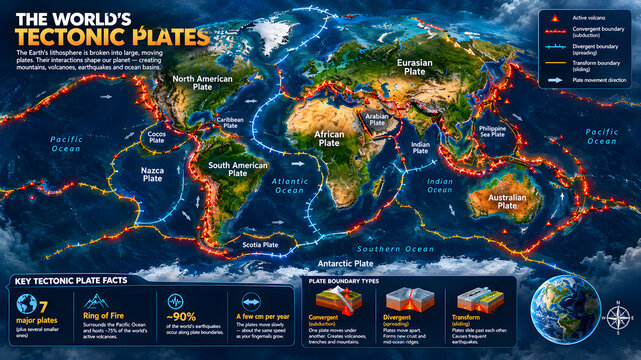 Pacific Ring of Fire World Map with Earthquake Zones, Volcanoes and Tectonic Plates &ndash; Educational Infographic