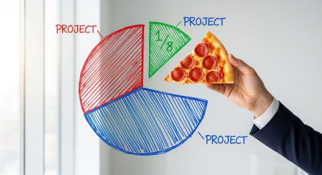 Hand of Businessman Holding Pizza Slice Fitting into a Hand Drawn Project Pie Chart Diagram