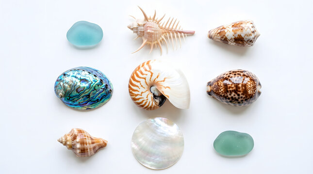 Top down flat lay composition of diverse ocean seashells iridescent abalone shell spiraled nautilus and frosted sea glass arranged in neat grid on white background for marine nature art