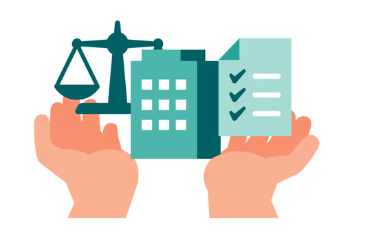 A protective balance scale holding official corporate documents beneath a safeguarding hand gives legal teams the risk management framework needed for regulatory governance