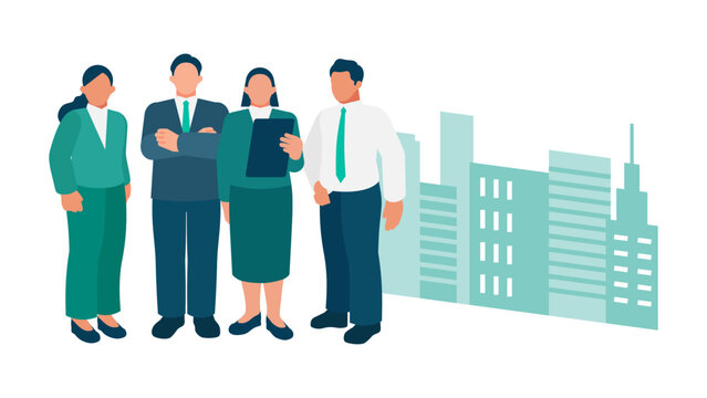 A confident business team standing before corporate headquarters gives organizations the strong leadership foundation required for corporate governance