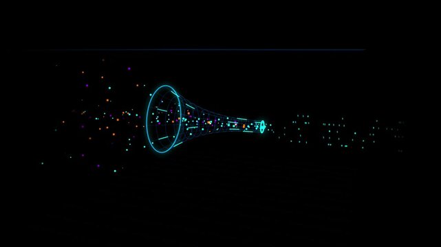 Quantum data particles flowing through a glowing funnel to digital outputs