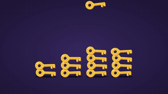 Golden key stacks rising like bar chart, growth concept animation