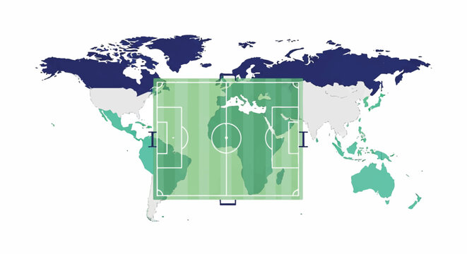 A world map where the continents are subtly shaped to form the layout of a soccer pitch with goal posts at the north and south poles. Bright even lighting, conceptual mood. Palette: mint, navy