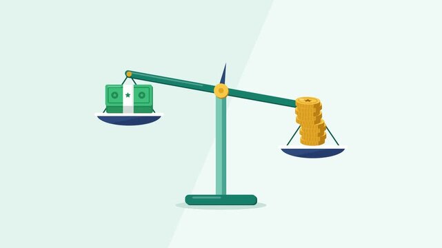 Bundle of cash and stack of coins on balance scale animation