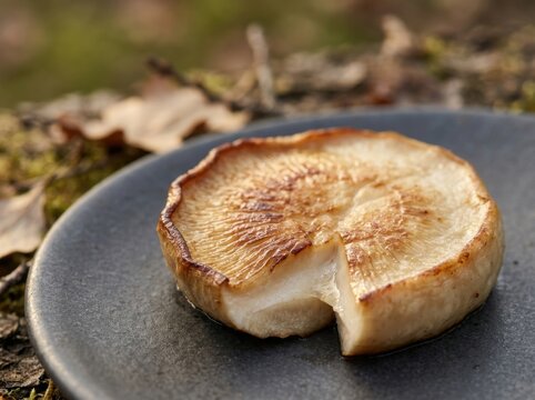 Pan seared king oyster mushroom on a dark plate outdoors with natural elements