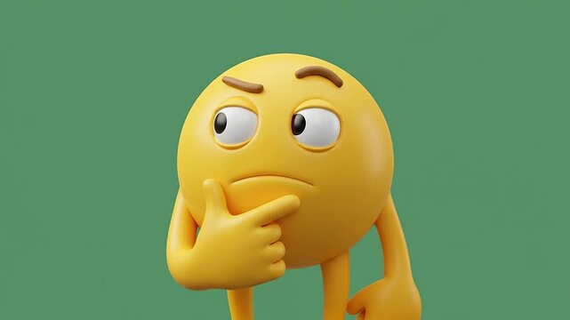 Yellow 3d thinking emoticon character with hand on chin pattern