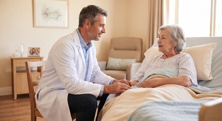 Male doctor in white coat holding hands and talking kindly with elderly female patient in hospital bed.