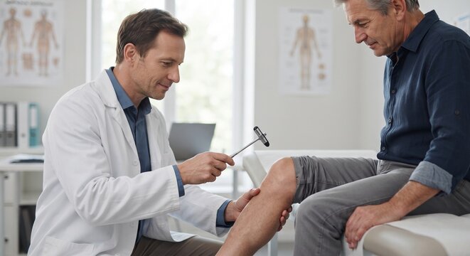 Male doctor in white coat performing knee reflex test with neurological hammer on senior patient in clinic.