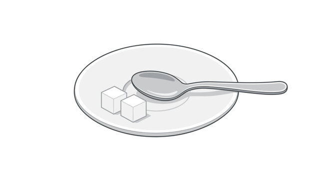 Vector illustration of a white ceramic saucer featuring a silver spoon and two white sugar cubes, isolated on a white background, ideal for coffee or tea service concepts.