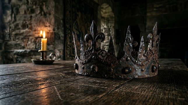 Rusty iron medieval crown on wooden table