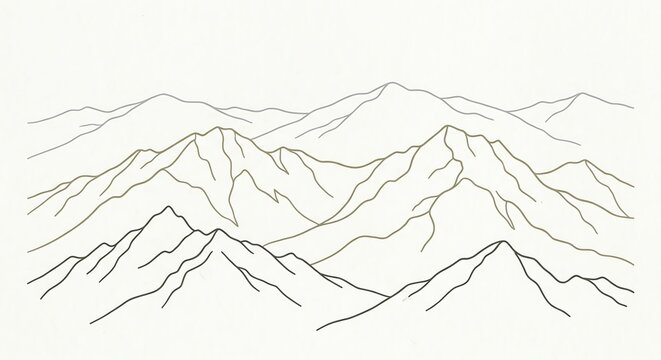 A serene minimal line art illustration of layered mountain ridgelines and ranges