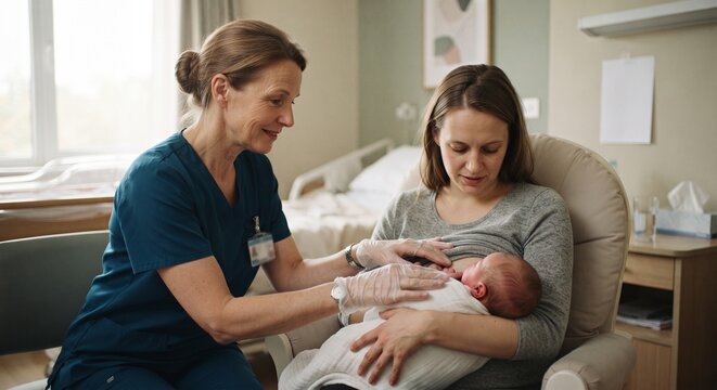 Maternity nurse assisting new mother with breastfeeding newborn baby in hospital postpartum room.