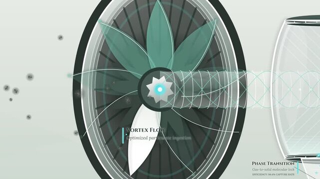 Direct air capture animation showing atmospheric extraction, carbon binding in reaction core, and releasing purified air to achieve carbon neutrality and combat climate change