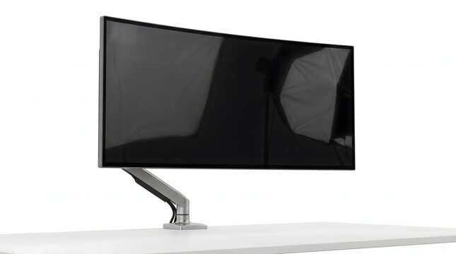 front view of large blank curved widescreen desktop display monitor mounted on silver mechanical swivel arm stand on white desk isolated against white background for workplace design