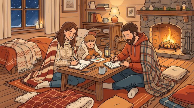 Family drawing together in a cozy cabin by the fireplace