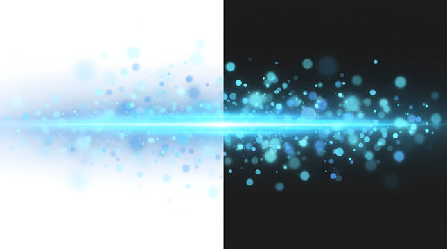 split screen contrasting background of white and black featuring radiant horizontal cyan laser beam with shimmering blue bokeh light particles for technology header banner template