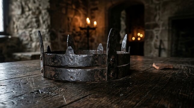 Iron crown on a rustic wooden table