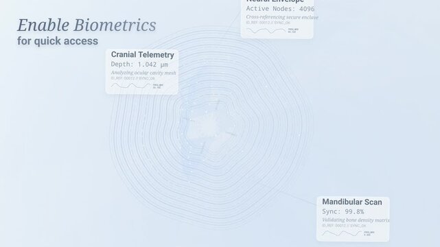Futuristic HUD interface displaying biometric login process with cranial telemetry, neural envelope cross-referencing, and mandibular scan for secure access and authentication