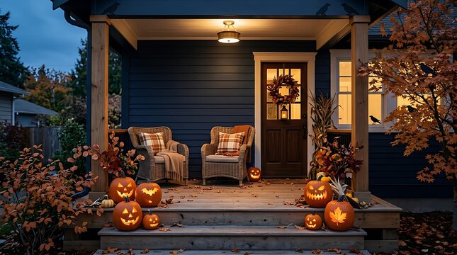 Cozy halloween porch decorated with jackolanterns