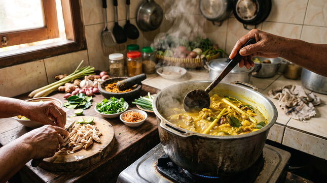 Authentic Indonesian soto ayam being prepared by adult hands with chicken, vermicelli, bean sprouts, herbs and golden turmeric broth in a rustic kitchen