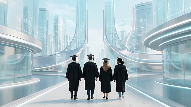 Graduates walking into a futuristic city