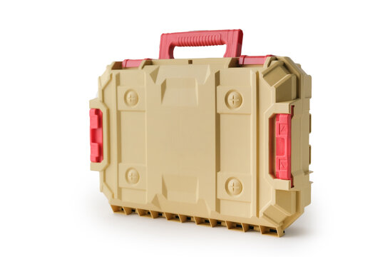 Beige and red tool case isolated on white background
