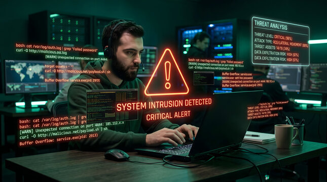 male cyber defense analyst working on computer in dark command room with glowing red critical system intrusion alert hologram and terminal code logs for digital cybersecurity protection