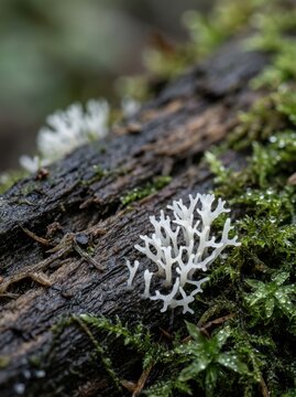 White coral slime mold growing on a moss-covered log in a natural forest setting