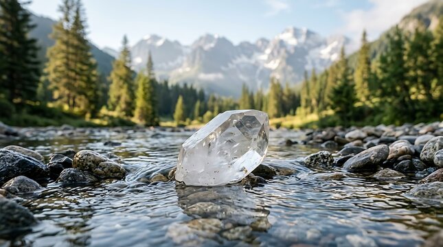 Clear quartz crystal in mountain stream