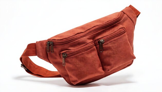 A terracotta orange fabric fanny pack featuring several zipper compartments isolated on a solid white background.