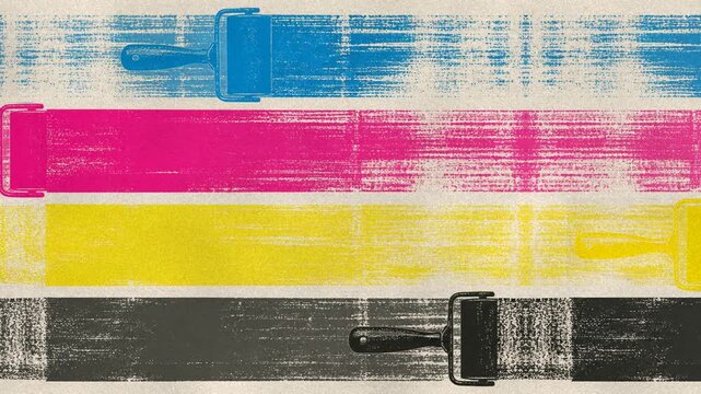 Ink rollers turning on a printing press, cut paper collage print, seamless loop