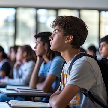 Diverse high school students study diligently in a bright classroom, preparing for important university admission exams with focused, motivational energy and natural light.