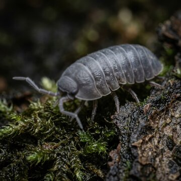 Woodlouse moving across damp moss and tree bark in its natural environment