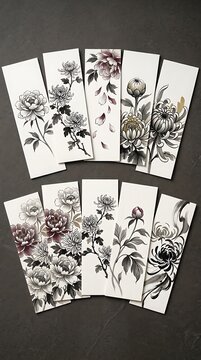 Collection of traditional floral ink bookmarks