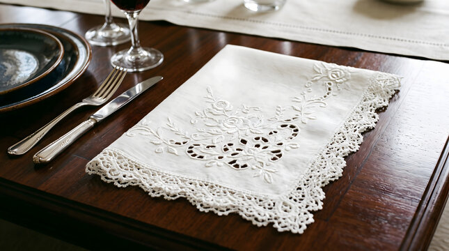 high angle view of vintage white cloth napkin with fine floral cutwork and crochet lace hem placed on dark wood banquet table with cutlery and wine glass for wedding reception decor