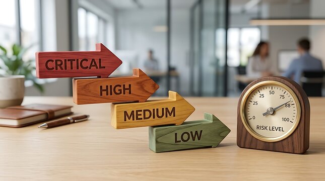 Risk level gauge with wooden arrows