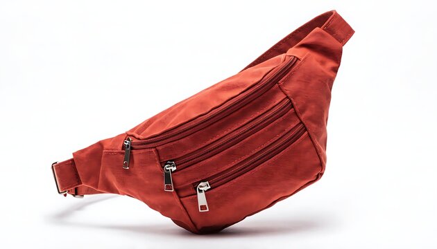 Modern reddish orange fanny pack waist bag isolated on white background for travel and outdoor fashion.