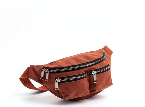 Terracotta fabric waist pack with dark metal zippers isolated against a seamless solid white studio backdrop.