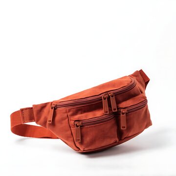 Reddish brown waist bag featuring zippered compartments and adjustable strap isolated on a white background.