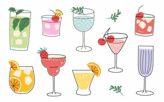 Cute Hand Drawn Cocktail And Mocktail Set Vector, Hand Drawn Drinks Clipart For Bar Menu, Aesthetic Summer Beverage Icon Set, Colorful Alcohol Drink Isolated On White Background
