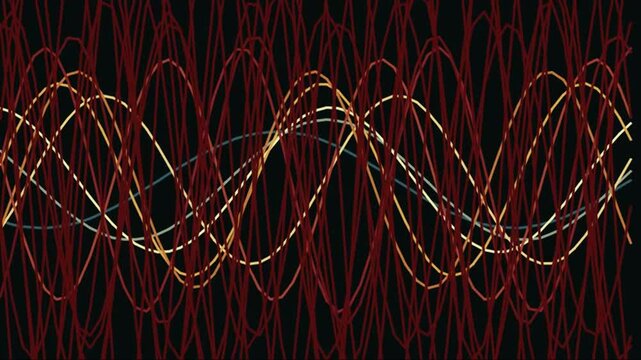 Abstract red and gold sound wave frequency lines on black background