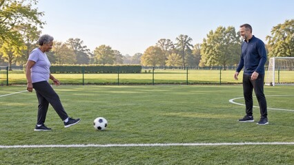Fototapeta premium Older adult Black woman sends a short walking football ground pass toward a waiting coach on a community grass pitch with relaxed posture and open space between the two participants