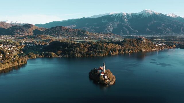 Sunrise over Bled lake, Slovenia, Europe. Reflection