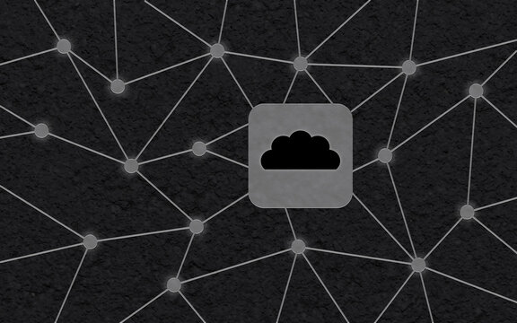 Abstraktes Cloud-Netzwerk auf dunklem strukturierten Hintergrund mit leuchtenden Knotenpunkten f&uuml;r digitale Kommunikation, Server und moderne Informationstechnologie in Unternehmen.
