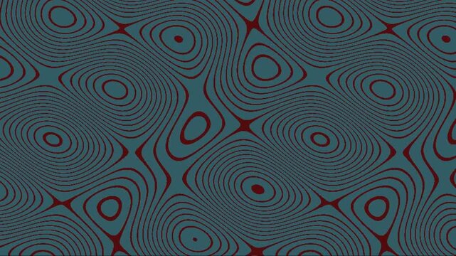 Swirling topographic lines form an abstract teal and red pattern